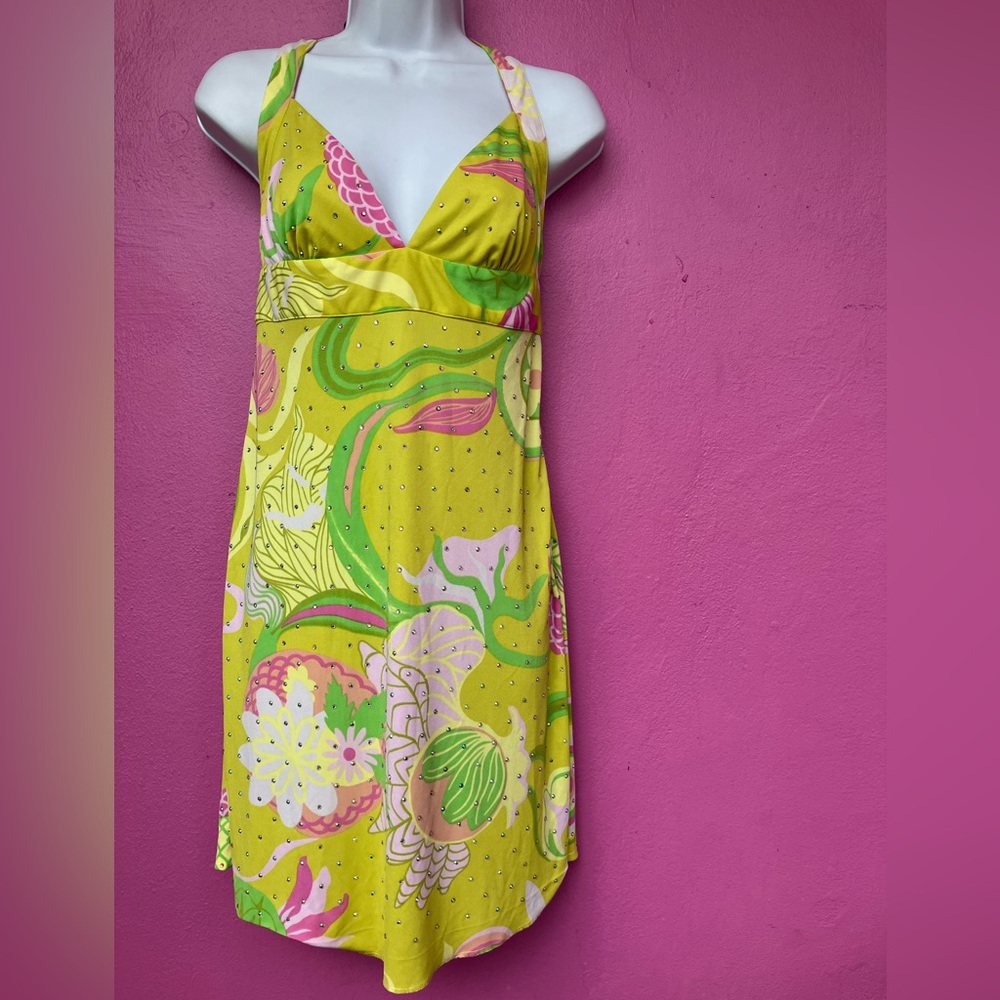 Dolce & Gabbana Lime Green Floral Halter Sundress with Pink Accents